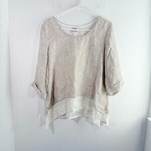 Orchidea Made In Italy 100% Linen Tan Stripe Layered Short Sleeve Top Medium